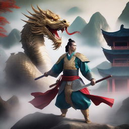 A majestic Chinese dragon swordsman, dressed in traditional warrior attire, wielding a gleaming sword