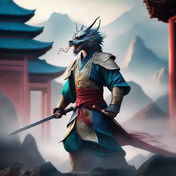 A majestic Chinese dragon swordsman, dressed in traditional warrior attire, wielding a gleaming sword