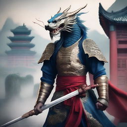 A majestic Chinese dragon swordsman, dressed in traditional warrior attire, wielding a gleaming sword