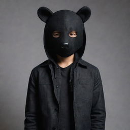 A stylish boy with sleek black hair, garbed in a black jacket and black jeans, his face intriguingly hidden behind a black bear mask.