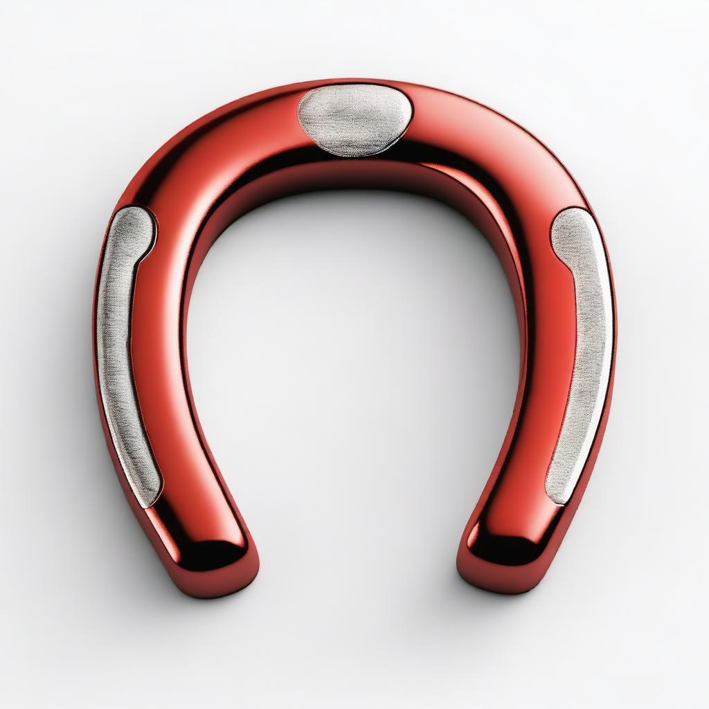 A highly detailed and realistic image of a red and silver horseshoe magnet with a metallic finish