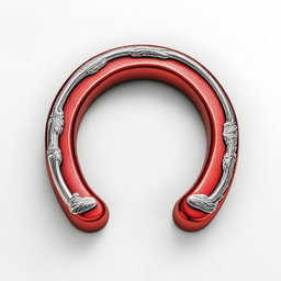 A highly detailed and realistic image of a red and silver horseshoe magnet with a metallic finish