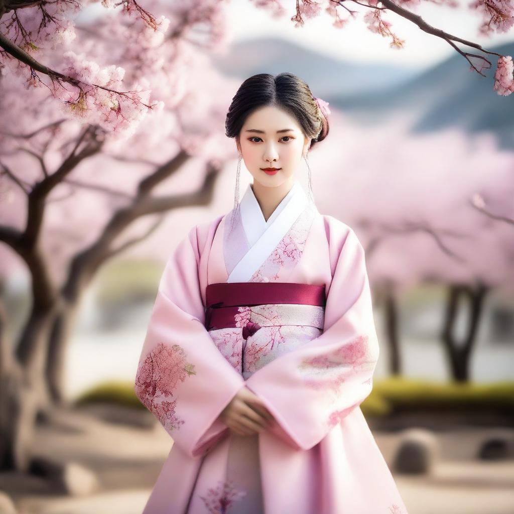 A beautiful Korean lady dressed in traditional Hanbok attire, standing in a serene garden with cherry blossoms in full bloom