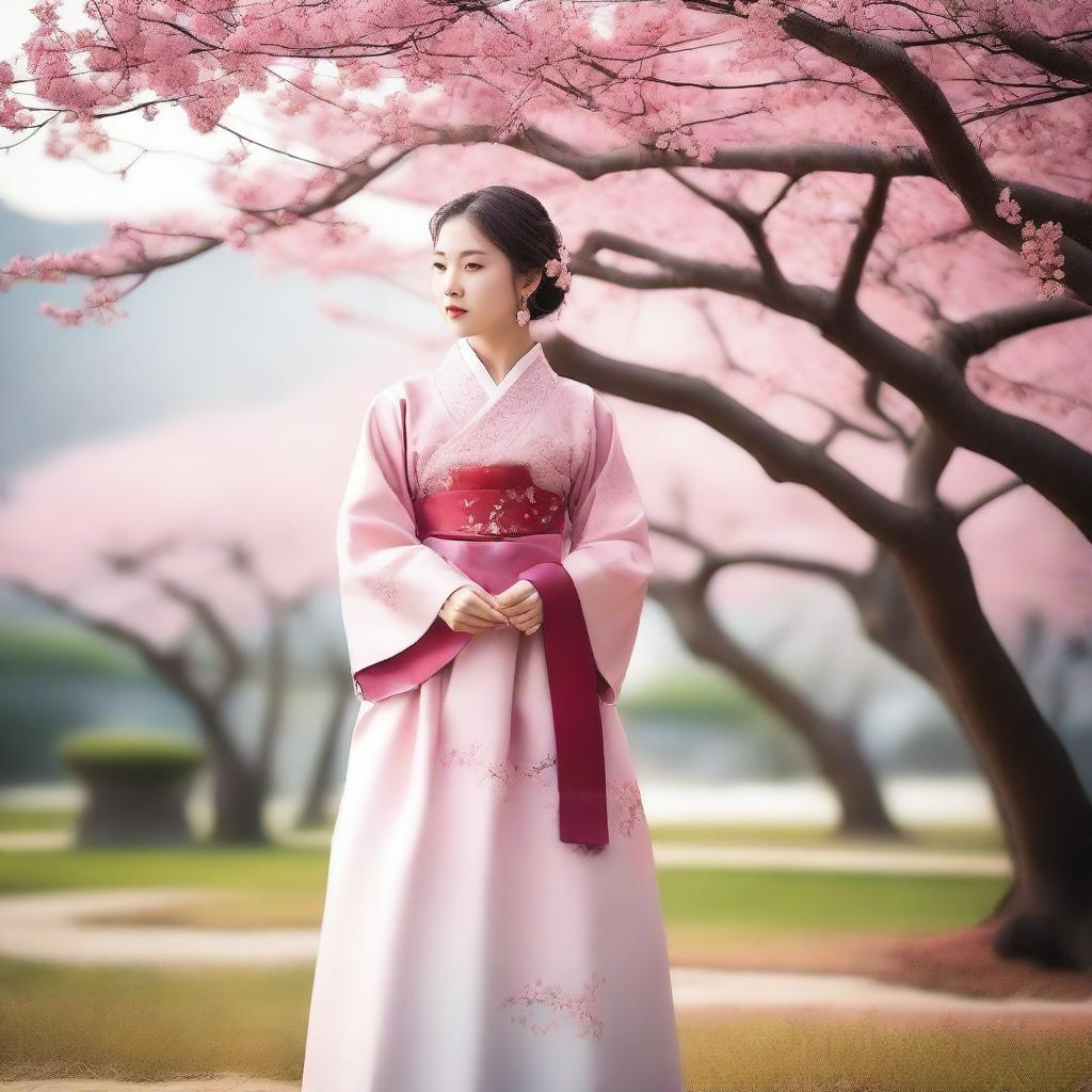 A beautiful Korean lady dressed in traditional Hanbok attire, standing in a serene garden with cherry blossoms in full bloom