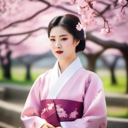 A beautiful Korean lady dressed in traditional Hanbok attire, standing in a serene garden with cherry blossoms in full bloom