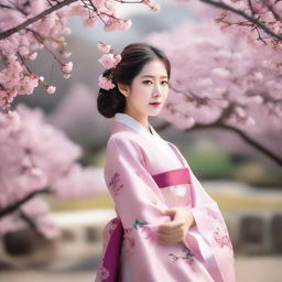 A beautiful Korean lady dressed in traditional Hanbok attire, standing in a serene garden with cherry blossoms in full bloom