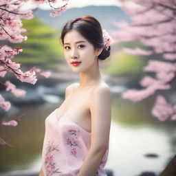 A topless Korean lady standing gracefully with a serene expression