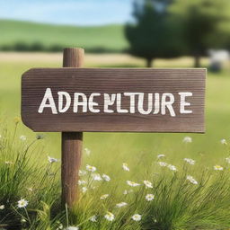 A grass background with a wooden sign that says 'adventure'ers'