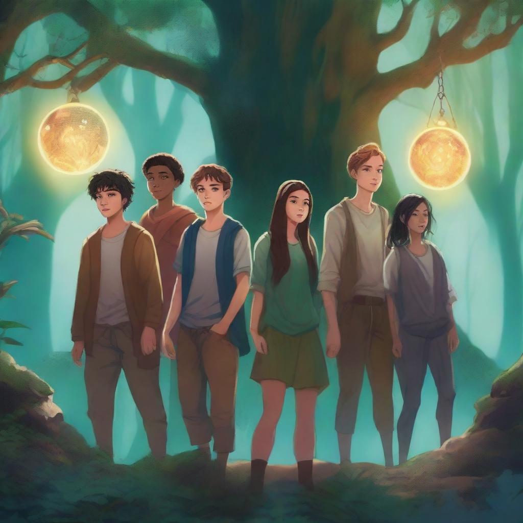 A fantasy book cover featuring six teenagers who are descendants of magical entities