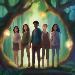 A fantasy book cover featuring six teenagers who are descendants of magical entities