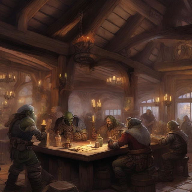 A bustling tavern filled with orcs, elves, and various beings from Dungeons and Dragons