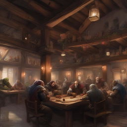 A bustling tavern filled with orcs, elves, and various beings from Dungeons and Dragons