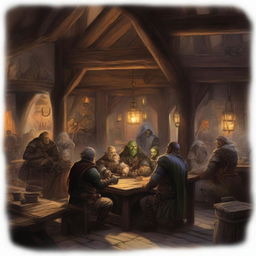 A bustling tavern filled with orcs, elves, and various beings from Dungeons and Dragons