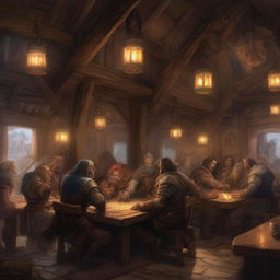 A bustling tavern filled with orcs, elves, and various beings from Dungeons and Dragons