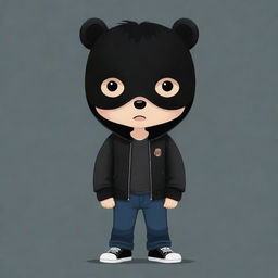 A cute cartoon representation of a boy with sleek black hair, wearing a black jacket and black jeans, and a black bear mask covering his face.