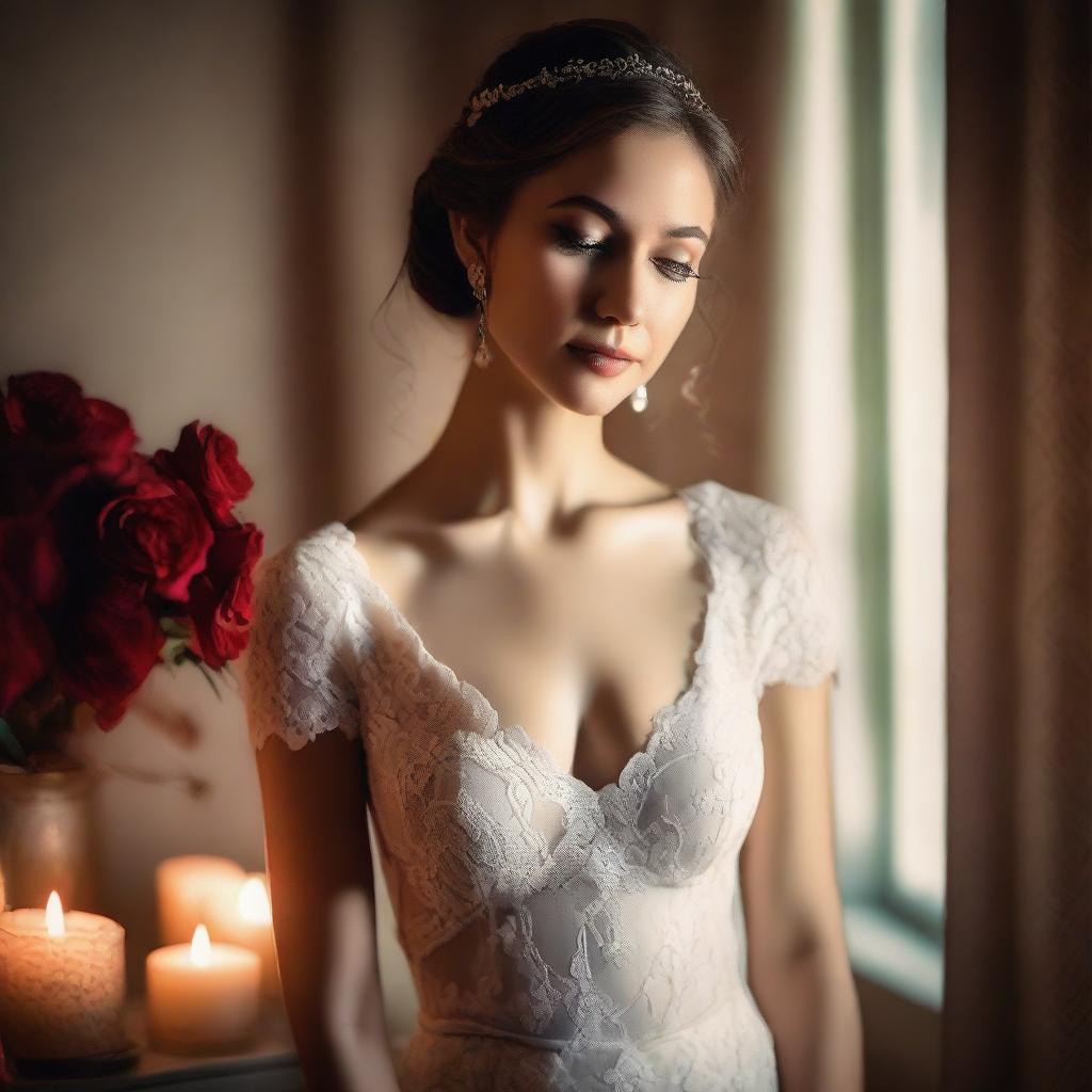 A bride in a lace dress, posing in a romantic front view angle with a background featuring lit candles and red flowers