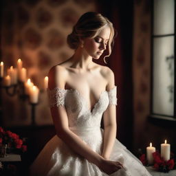 A bride in a lace dress, posing in a romantic front view angle with a background featuring lit candles and red flowers