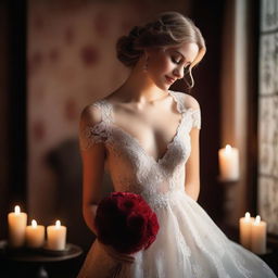 A bride in a lace dress, posing in a romantic front view angle with a background featuring lit candles and red flowers