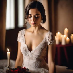 A bride in a lace dress, posing in a romantic front view angle with a background featuring lit candles and red flowers