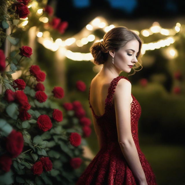 A bride in a red velvet dress, striking a confident pose from a side view angle, set against a nighttime garden background