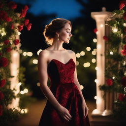 A bride in a red velvet dress, striking a confident pose from a side view angle, set against a nighttime garden background