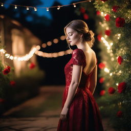 A bride in a red velvet dress, striking a confident pose from a side view angle, set against a nighttime garden background