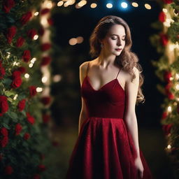 A bride in a red velvet dress, striking a confident pose from a side view angle, set against a nighttime garden background