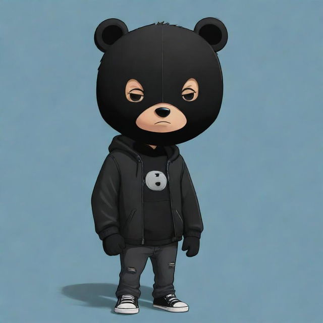 A cute cartoon representation of a boy with sleek black hair, wearing a black jacket and black jeans, and a black bear mask covering his face.