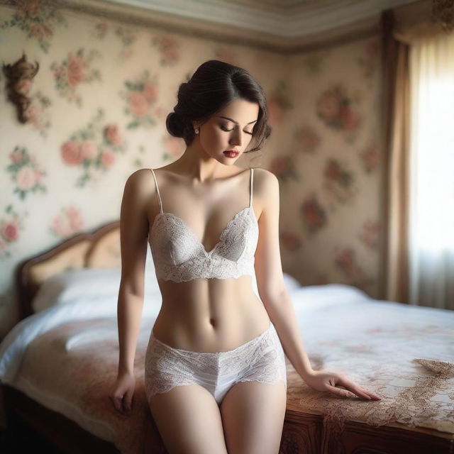 A sensual bride in white lingerie, posing provocatively in a vintage-decorated room