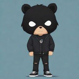 A cute cartoon representation of a boy with sleek black hair, wearing a black jacket and black jeans, and a black bear mask covering his face.