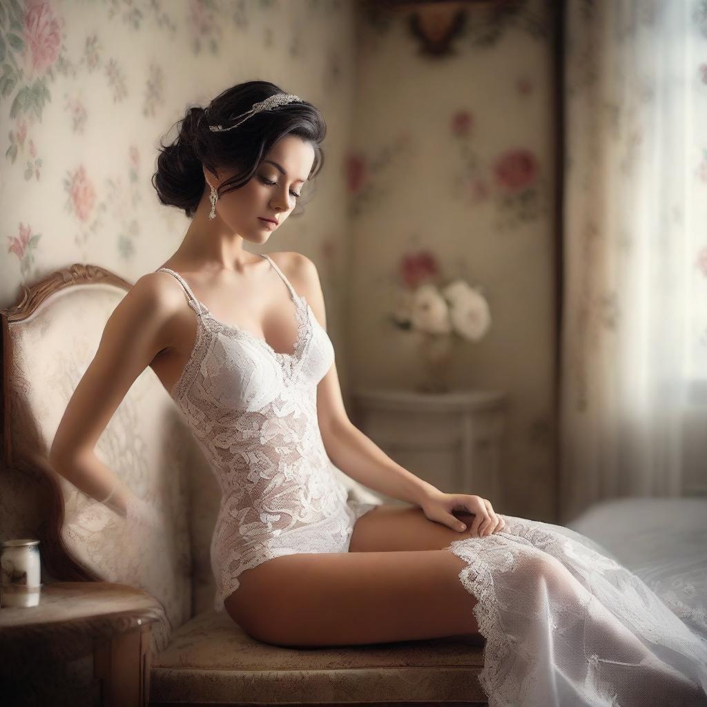 A sensual bride in white lingerie, posing provocatively in a vintage-decorated room