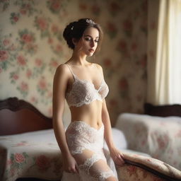 A sensual bride in white lingerie, posing provocatively in a vintage-decorated room