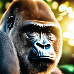 A close-up image of a gorilla's face with the sun shining brightly behind him, casting a warm glow