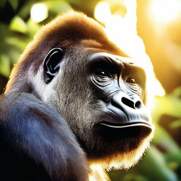 A close-up image of a gorilla's face with the sun shining brightly behind him, casting a warm glow