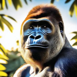 A close-up image of a gorilla's face with the sun shining brightly behind him, casting a warm glow