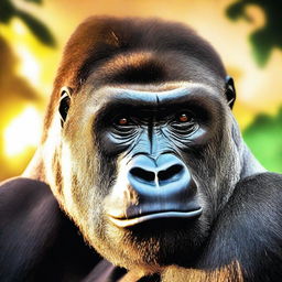 A close-up image of a gorilla's face with the sun shining brightly behind him, casting a warm glow