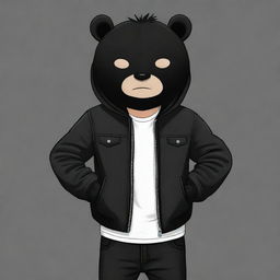 A cute cartoon representation of a boy with sleek black hair, wearing a black jacket and black jeans, and a black bear mask covering his face.