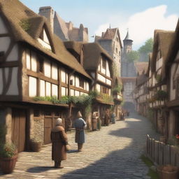 A detailed 2D illustration of a medieval village