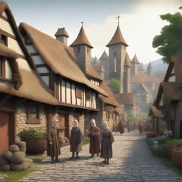 A detailed 2D illustration of a medieval village