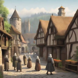 A detailed 2D illustration of a medieval village