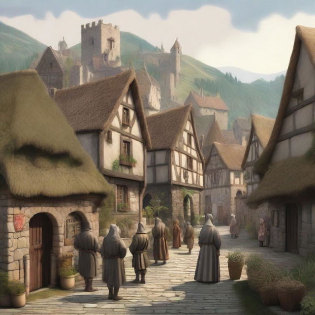 A detailed 2D illustration of a medieval village