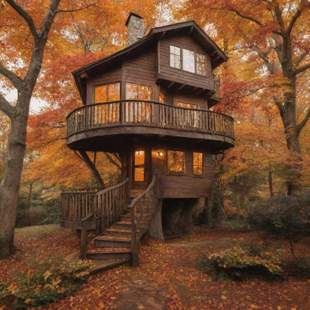 A whimsical treehouse nestled amidst vibrant autumn leaves, with a winding wooden staircase, and warm lights illuminating from its windows.