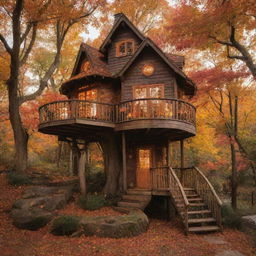 A whimsical treehouse nestled amidst vibrant autumn leaves, with a winding wooden staircase, and warm lights illuminating from its windows.