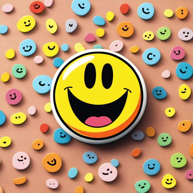 A cartoon-style magnet with a happy face and animated features