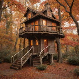 A whimsical treehouse nestled amidst vibrant autumn leaves, with a winding wooden staircase, and warm lights illuminating from its windows.