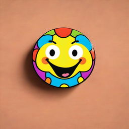 A cartoon-style magnet with a happy face and animated features