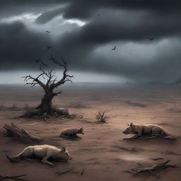 A detailed, realistic illustration of a barren landscape with scattered bones and a few jackals in the background, under a dark, stormy sky