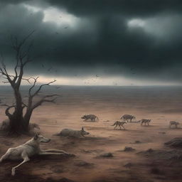 A detailed, realistic illustration of a barren landscape with scattered bones and a few jackals in the background, under a dark, stormy sky