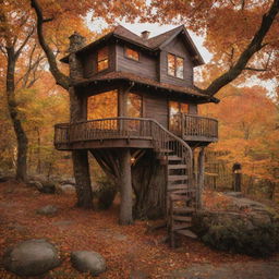 A whimsical treehouse nestled amidst vibrant autumn leaves, with a winding wooden staircase, and warm lights illuminating from its windows.