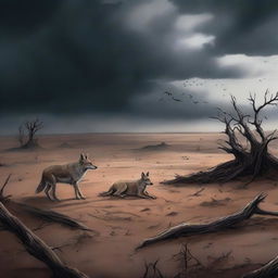 A detailed, realistic illustration of a barren landscape with scattered bones and a few jackals in the background, under a dark, stormy sky